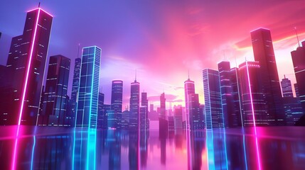 futuristic minimalist cityscape with sleek geometric buildings neon lights cyberpunk aesthetic 3d illustration