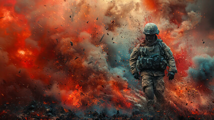Fototapeta premium A soldier collapses after the explosion,generative ai