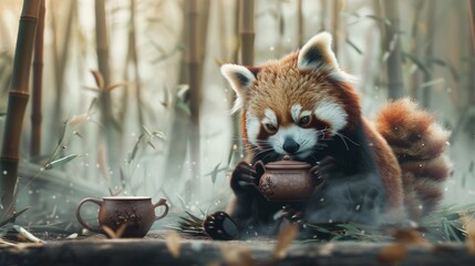 Red panda enjoying a cup of tea in a misty bamboo forest