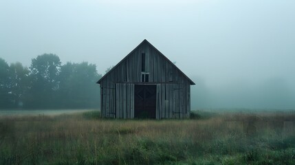 Obraz premium Rustic old barn surrounded by grassland and forest landscape.