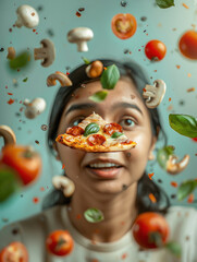 Obraz premium flying vegetables and pizza in front of young indian woman