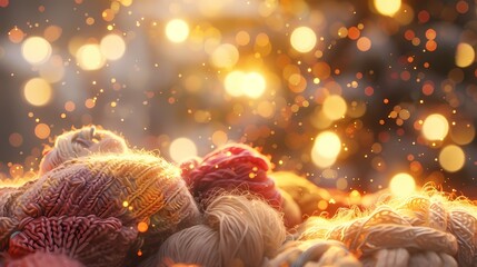 A cozy scene of a knitting circle, with a defocused backdrop of softly glowing particles -