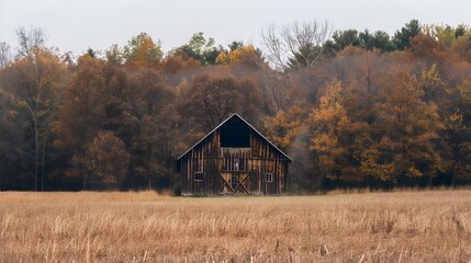 Obraz premium Rustic old barn surrounded by grassland and forest landscape.