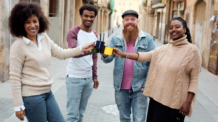Joyful coworkers Sharing Coffee Toast