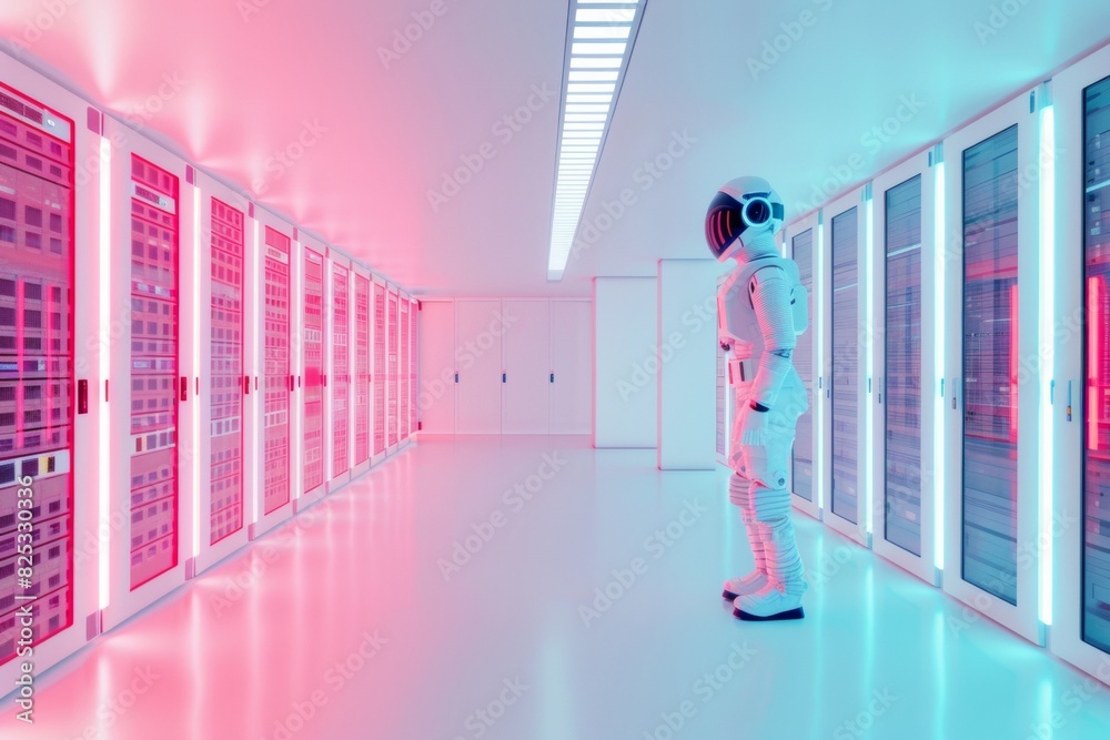 Aufkleber blurred astronaut figure in a symmetrical, vibrant white data center: abstract art using long exposu