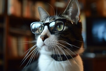 Closeup of a black and white cat wearing glasses, giving a scholarly look