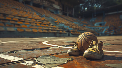A basketball with dirty pair of shoes on ground of empty basketball court