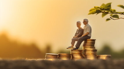 Old businessman and woman sitting on a pile of coins