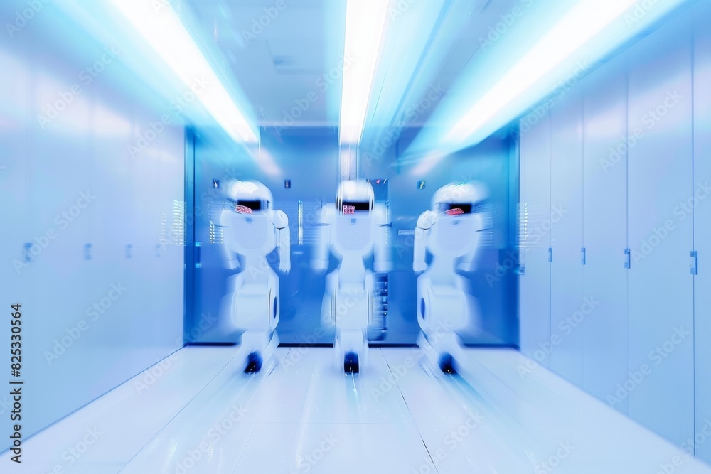 Aufkleber Abstract Image of Three Robots in a Vibrant Blue Data Center Using Long Exposure Photography