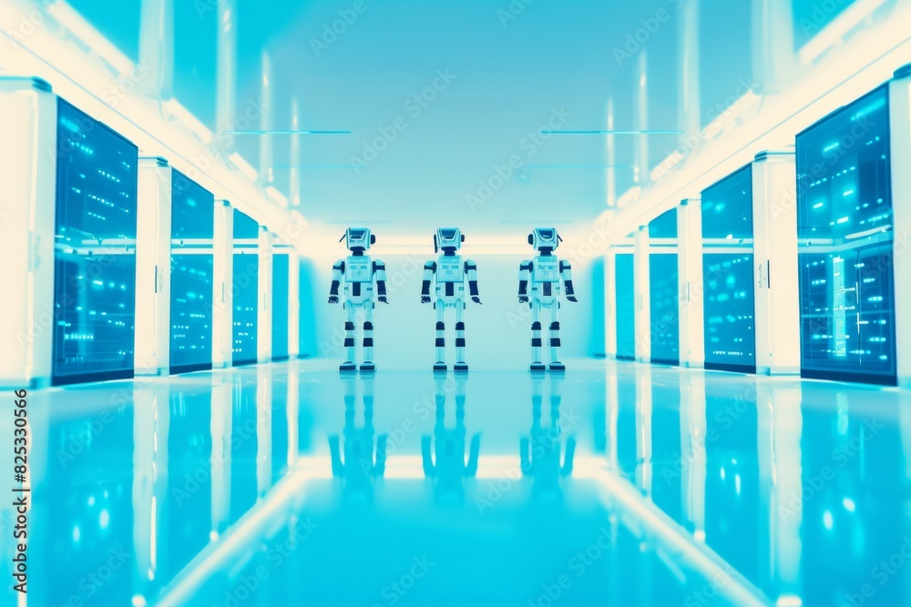 Aufkleber Abstract Blurry Image of Robotic Figures in a Vibrant Blue Data Center with Symmetrical Composition, Captured Using Long Exposure