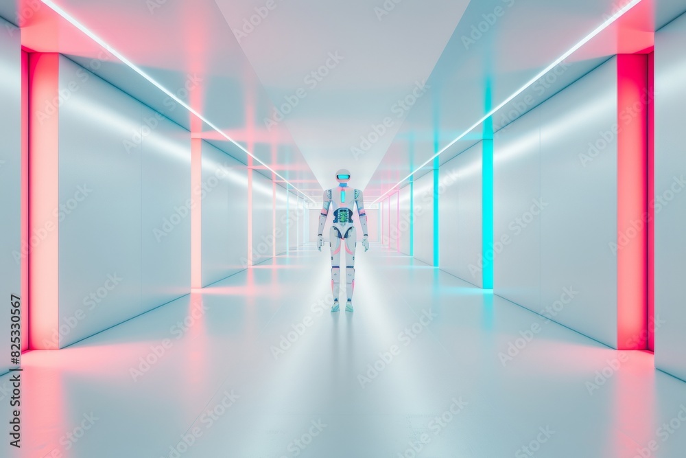 Poster Abstract Blurred Vision Of A Robot Marching In A Symmetrical White Data Center With Vibrant Lighting, Captured Utilizing Long Exposure And Wide-Angle Lens Techniques