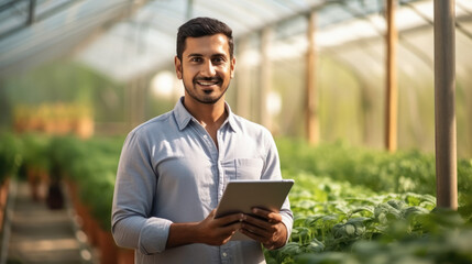 Young Indian man agronomist using tablet in greenhouse