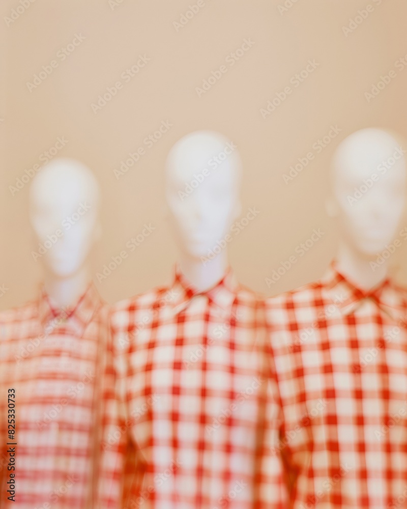 Poster abstract symmetrical photo of three gingham-clad mannequins in red and white, captured in pastel bei