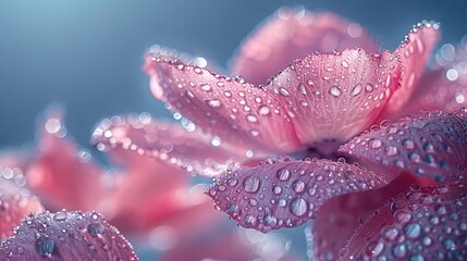   A high-resolution photo of a pink flower with water droplets on its petals, set against a clear blue backdrop