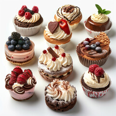 Sets of ice cream and brownies on white background.