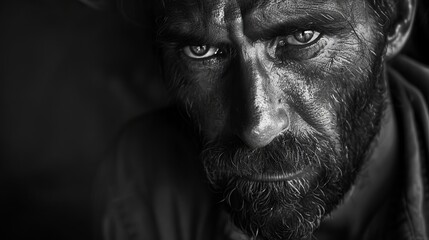 intense black and white male portrait rugged features harsh contrast emotional depth fine art photography