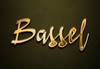 Old gold text effect of Arabic name Bassel with 3D glossy style Mockup.