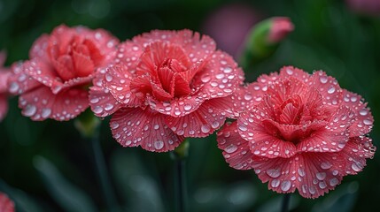   A cluster of vivid red blossoms, adorned with dew-kissed drops, graces the center of this canvas, set against the soothing backdrop of lush