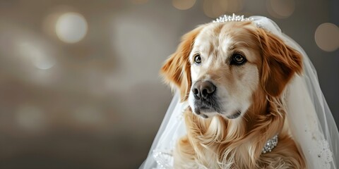 Realistic portrait of a dog in a bridal outfit with a gentle expression. Concept Pet Photography, Bridal Theme, Realistic Portraits, Dog in Costume, Gentle Expressions
