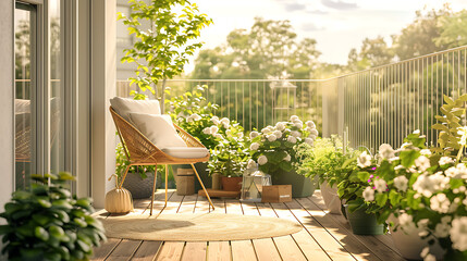 Beautiful terrace or balcony wooden floor with an armchair and green house plants