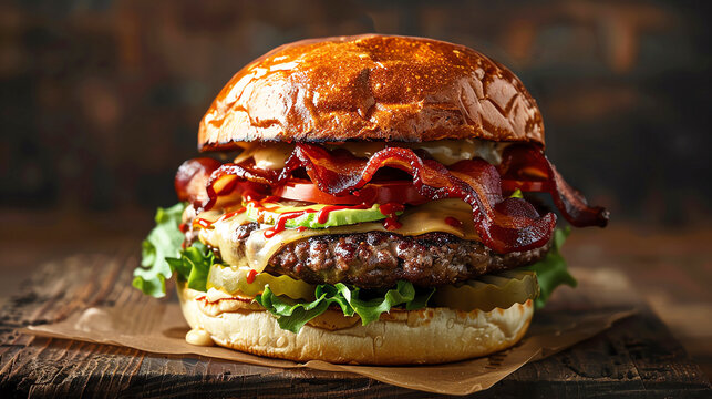 Gourmet burger with bacon, avocado, and melted cheese.