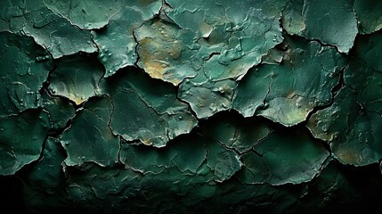   Close-up of green paint on wood with peeling paint on top and bottom