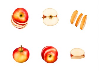 Red Apples Assortment: Whole, Sliced, and Halved Apples Displayed from Multiple Angles on White Background

