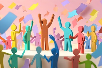 Paper people figures in a pastel world. Teamwork, collaboration, community. Generative AI