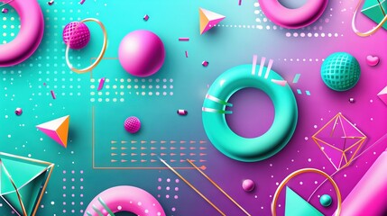 Obraz premium A tri-colored abstract background featuring circles, shapes, and forms on a dual blue and pink backdrop
