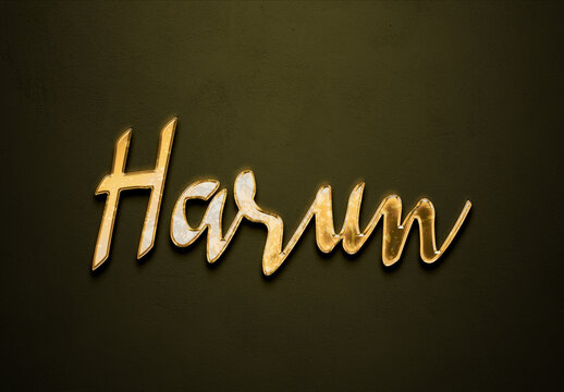 Old gold text effect of Arabic name Harun with 3D glossy style Mockup.