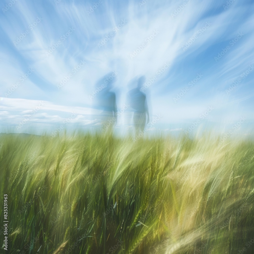 Aufkleber Abstract Image of Two Blurred Figures in a Symmetrical Wheat Field with a Blue Sky, Utilizing Long Exposure and High-Definition Techniques