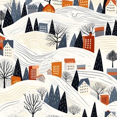 Abstract hill valley winter scribble pattern. Mountain landscape with houses and trees. Vector hand drawn illustration