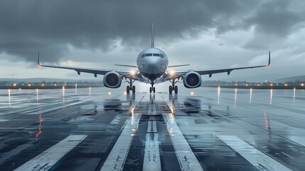 Front view of a passenger airplane on the runway, ready for takeoff.