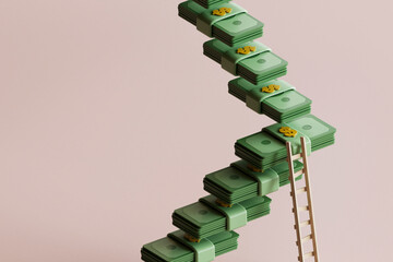 3D Render of Ascending Currency Stacks with Ladder
