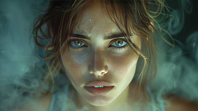 a girl hesitating that her boyfriend does something stupid, angry expression, dark room, fog,generative ai