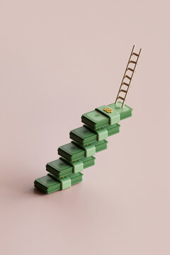 3D Render of Stylized Currency Stacks with Ladder Leading Upward
