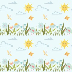 Summer print, seamless pattern with flowers, butterflies, dragonflies and birds. Hand-drawn digital paper. Ideal for printing on any surface, for the background. wallpaper, packaging, scrapbooking