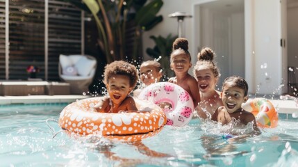 Joyous Multiethnic Children Celebrating a Birthday Pool Party with Inflatable Toys During Sunny Day