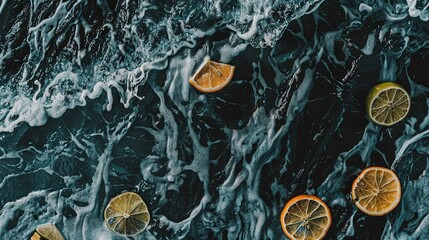   A stack of orange slices resting on a dark countertop near an ice and water collection