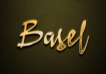 Old gold text effect of Arabic name Basel with 3D glossy style Mockup.