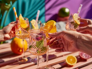 Summer Barbecue Celebration: Friends Toasting with Eco-Friendly Sparkling Lemonade on a Sunny Backyard Deck