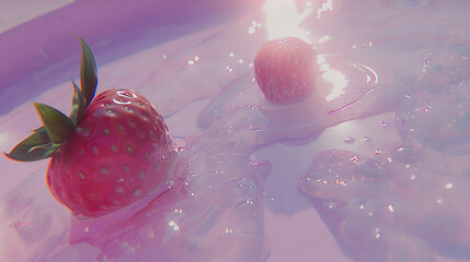   Two strawberries in a liquid-filled bowl, illuminated from above