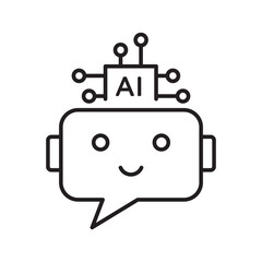 Obraz premium Robot icon. Chatbot icon. Cute smiling bot. Outline robot sign. Vector flat line cartoon illustration. Voice support service bot. Virtual online support. Robot icon