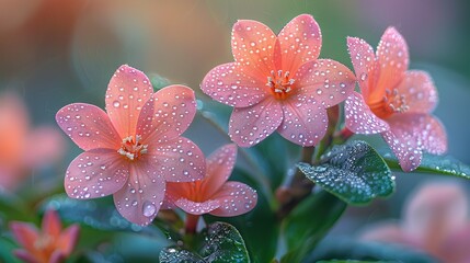   Close-up of pink flowers with water drops and green foliage in the foreground