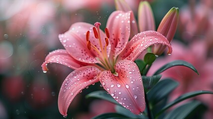   A macro of a rose with dewdrops on its petals and a hazy backdrop of roses
