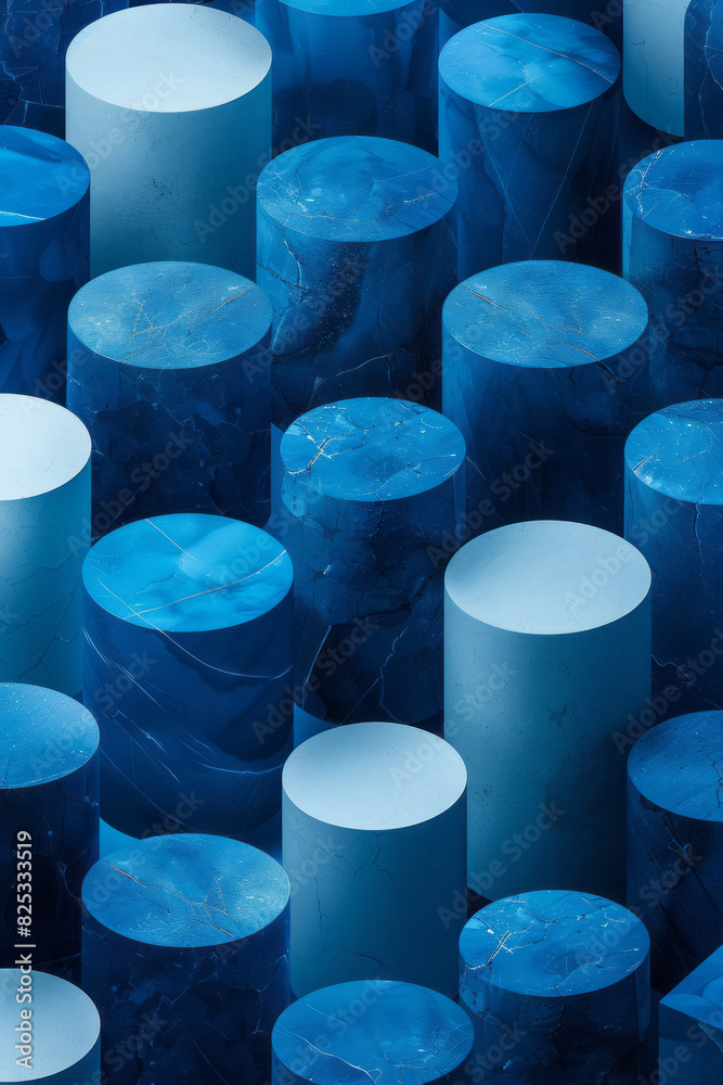 Poster isometric abstract seamless pattern of blue and white cylindrical shapes arranged in a grid,
