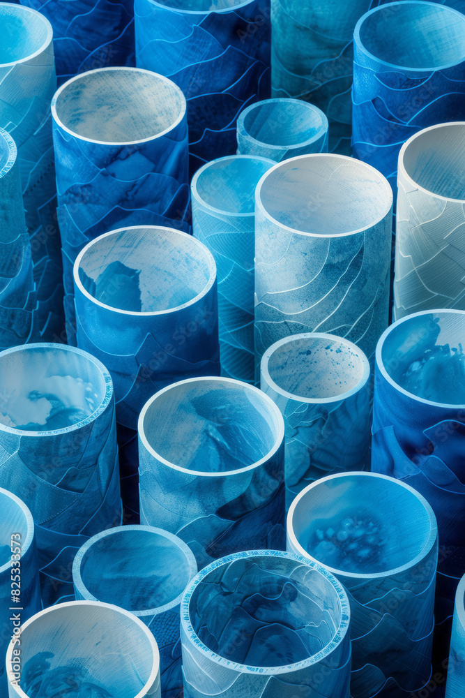 Poster isometric abstract seamless pattern of blue and white cylindrical shapes arranged in a grid,