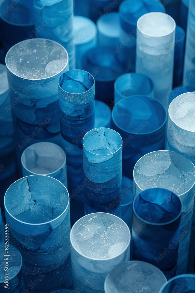 Poster isometric abstract seamless pattern of blue and white cylindrical shapes arranged in a grid,