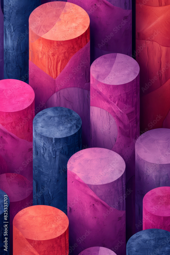 Poster abstract seamless pattern with pink and purple cylinders, creating a playful isometric design,
