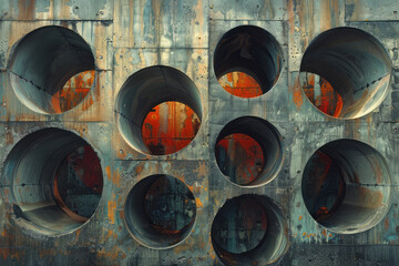 Isometric cylindrical forms in a repeating hexagonal pattern with muted earth tones,